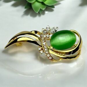 Brooch- Green Cats Eye and Rhinestone Brooch 2.25 Inches